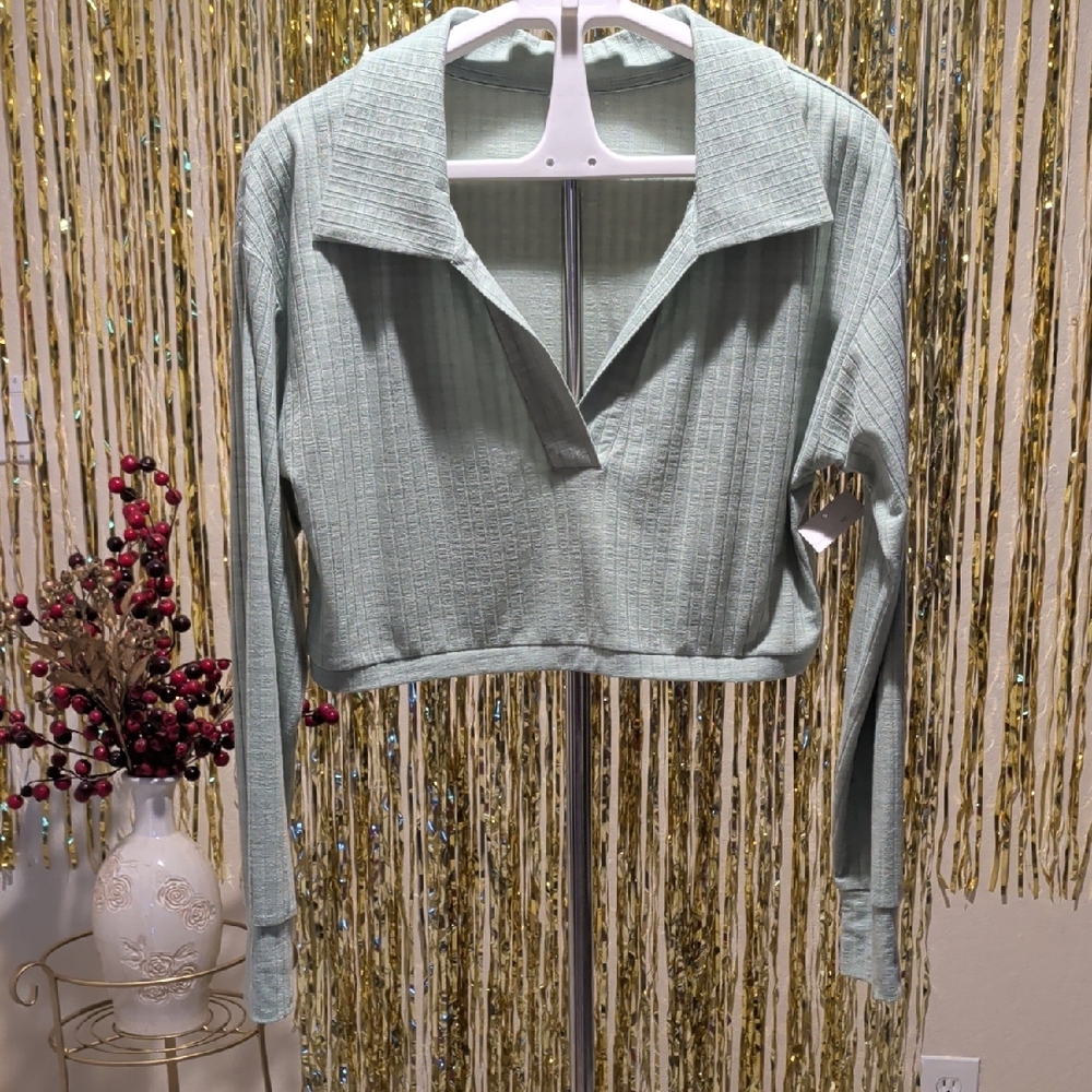 Ribbed Cropped Collared Top in Sage Green